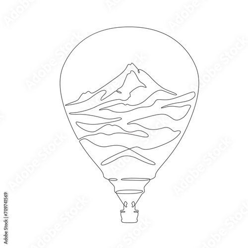 Balloon. Top of the mountain. Mountain landscape. Aerostat.Double exposure. Picture in picture.Continuous one line drawing. Lineart vector illustration.