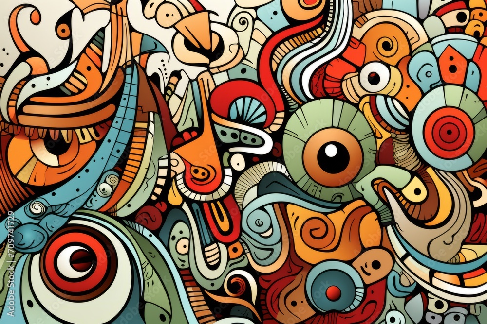 Cartoon cute doodles showcasing a detailed and surreal fusion of geometric and organic shapes in a seamless and abstract composition, Generative AI