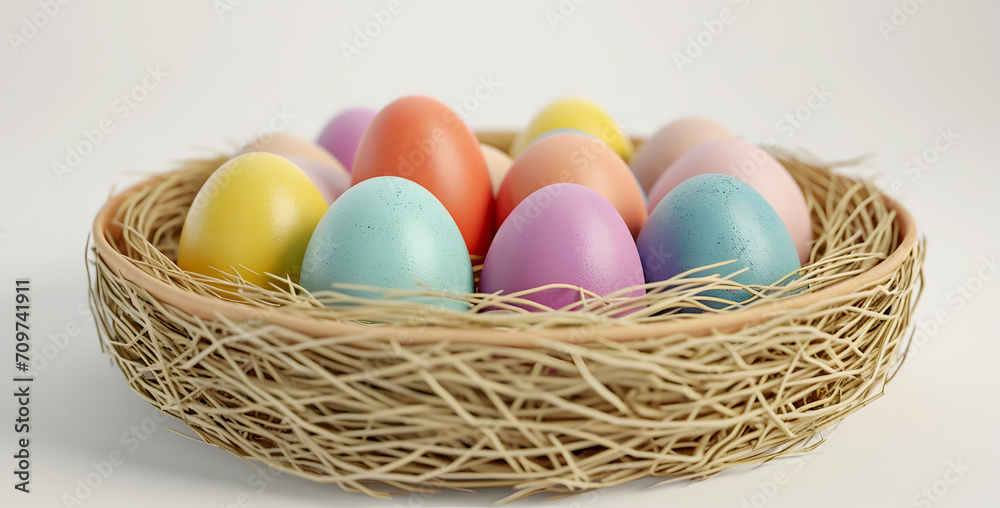 A wicker basket whit colorful chicken eggs. Easter motif. Edited AI illustration.	