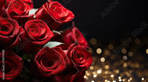 Red roses huge bouquet on black background with gold glitter bokeh
