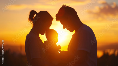 Silhouette of a happy family outside during sunset, father, mother and child, family bliss
