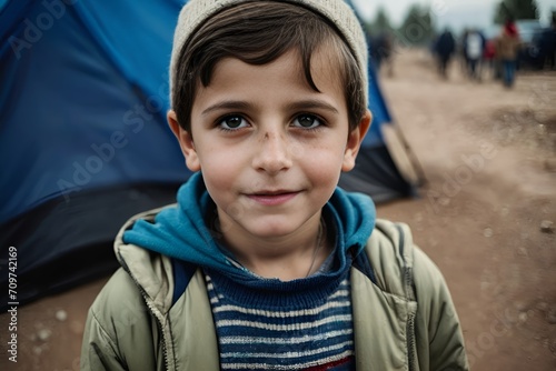 Portrait of an orphan child refugee boy at border checkpoint of tent camp. Concept Illegal immigrant due to war, loss of home photo