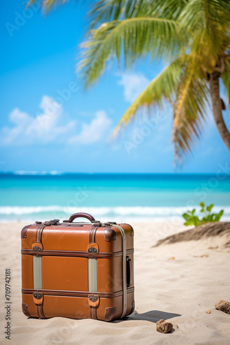 Summer travel concept with old suitcase on beach background. © Anna