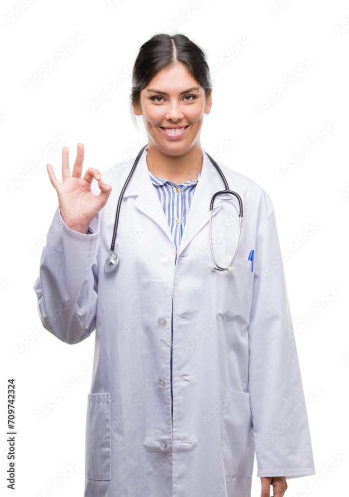 Young hispanic doctor woman doing ok sign with fingers, excellent symbol Young hispanic doctor woman doing ok sign with fingers, excellent symbol