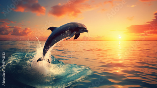Beautiful dolphin leaping jumping from shining