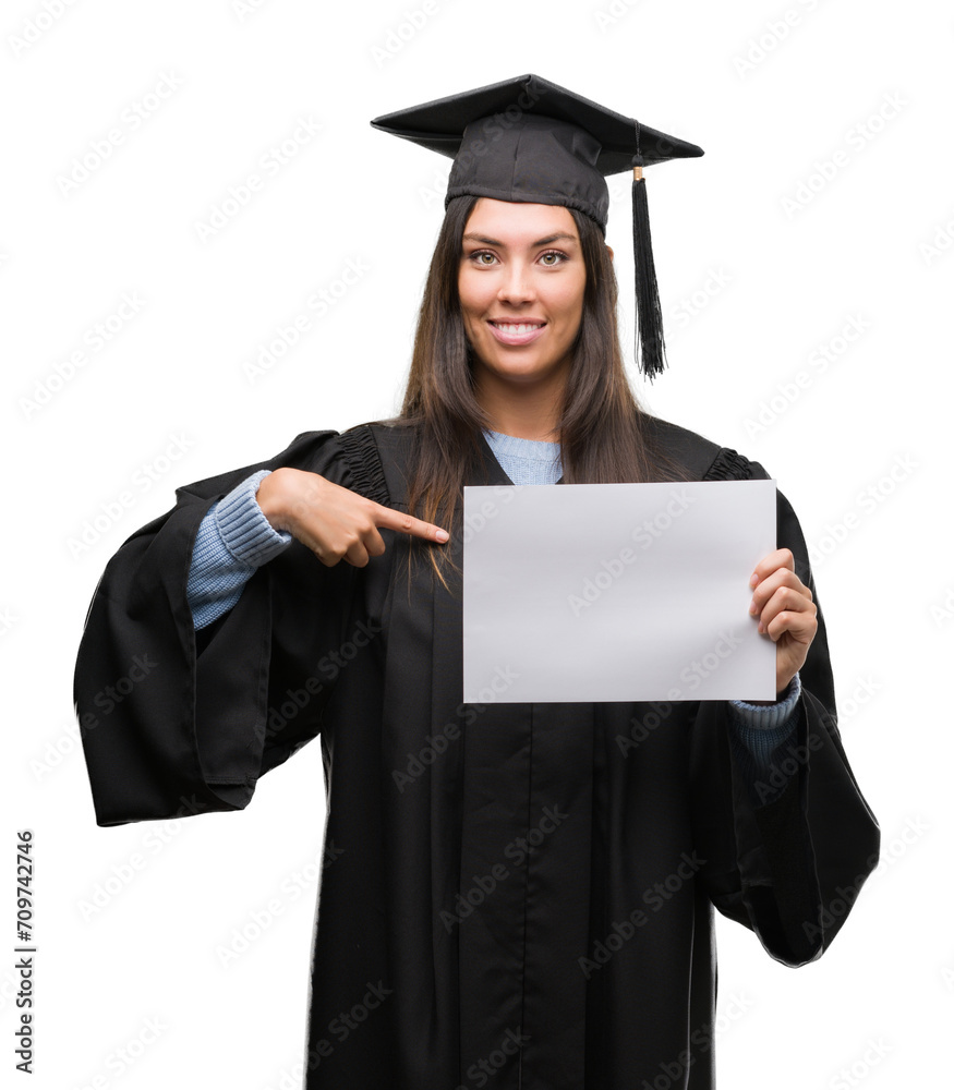 Young hispanic woman wearing graduated uniform holding diploma paper with surprise face pointing finger to himself Young hispanic woman wearing graduated uniform holding diploma paper with surprise face pointing finger to himself
