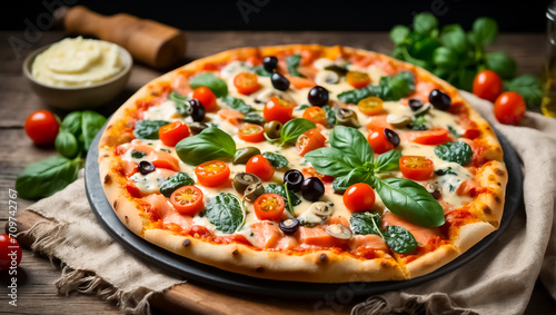Appetizing pizza with salmon, cream sauce, tomatoes, spinach on the table