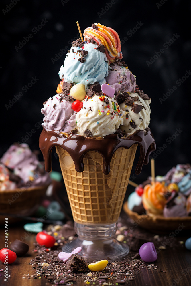different fruit and berry ice cream on a dark background