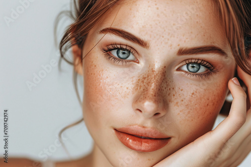 Beauty portrait of a woman with perfect skin and freckles skincare model