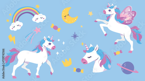 Happy Unicorn set. Vector characters for birthday, invitation, baby shower card, kids t-shirts and stickers kit. Hand drawn  illustration in cartoon style.