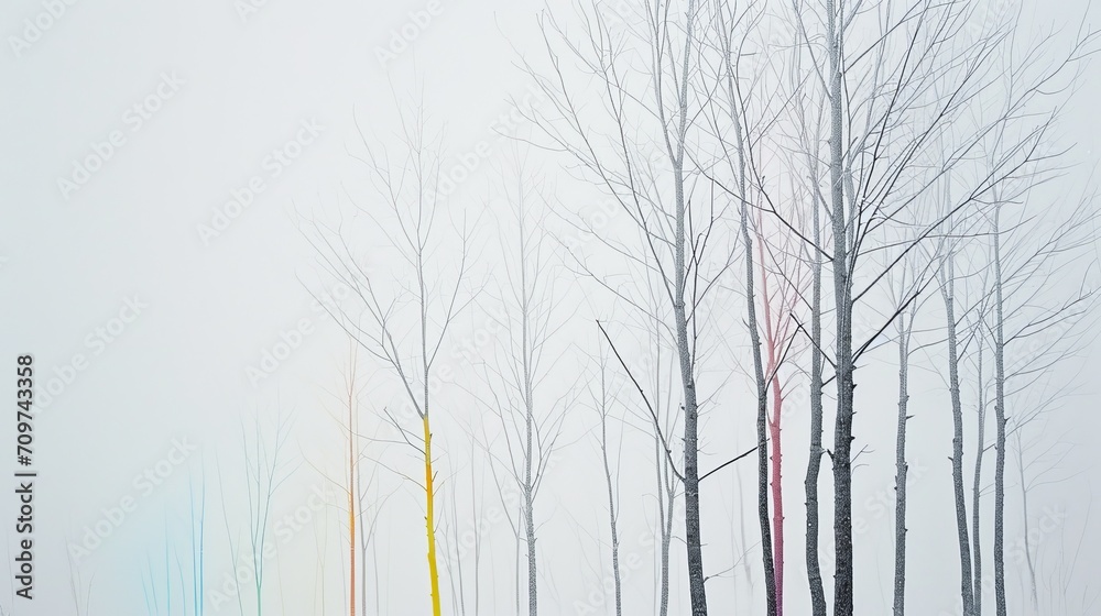 Ephemeral Gloom: Minimalist Art of Fleeting Nature with Sparse Tree Structures and Ephemeral Color Lines on a Tranquil White Backdrop Ephemeral Gloom: Minimalist Art of Fleeting Nature with Sparse Tree Structures and Ephemeral Color Lines on a Tranquil White Backdrop