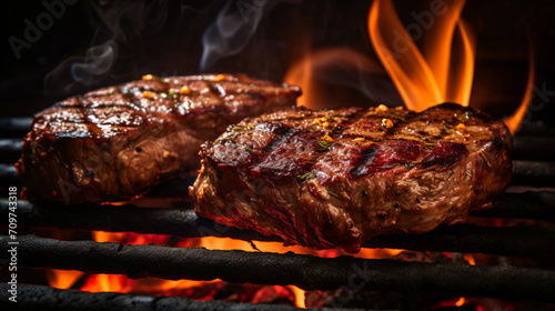 Beef steaks on the grill with flames