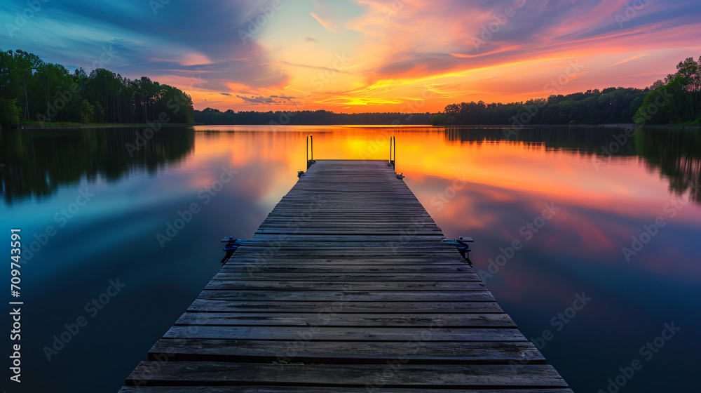 Breathtaking sunset landscape over a serene lake with a wooden dock.
