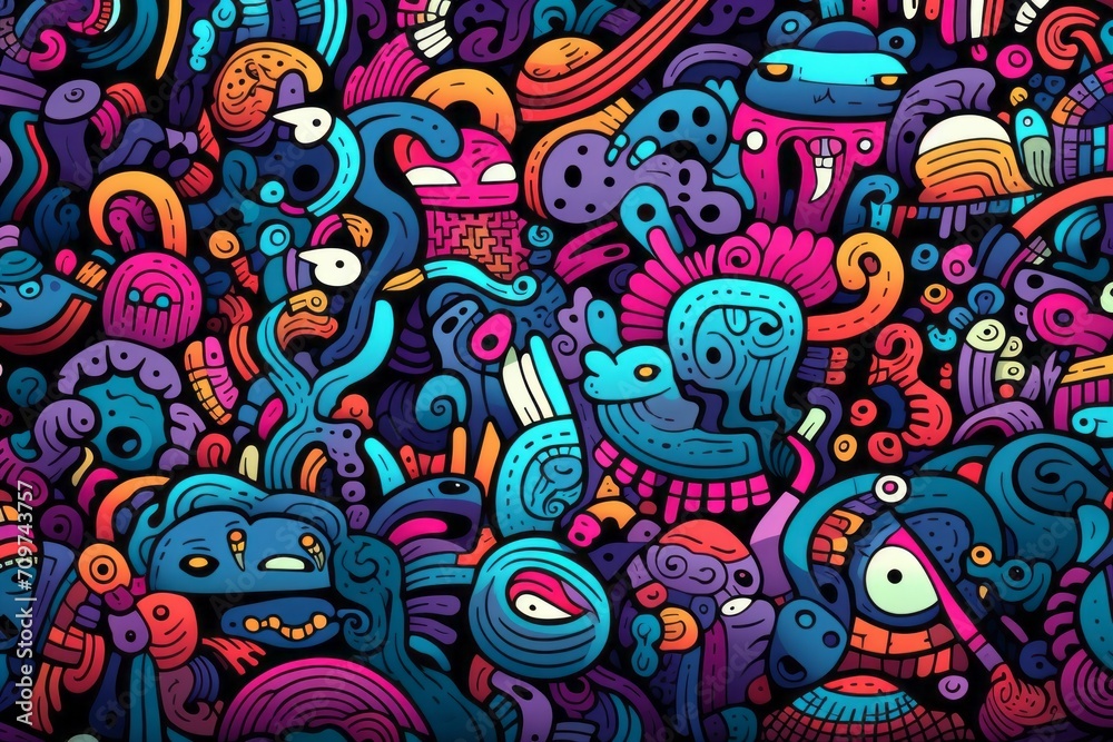 Cartoon cute doodles featuring an abstract surreal world with detailed and intricate patterns seamlessly blended, Generative AI