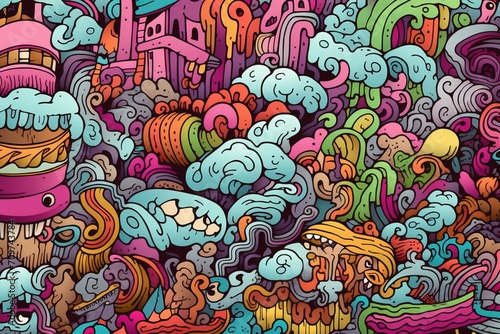 Cartoon cute doodles featuring an abstract surreal world with detailed and intricate patterns seamlessly blended  Generative AI