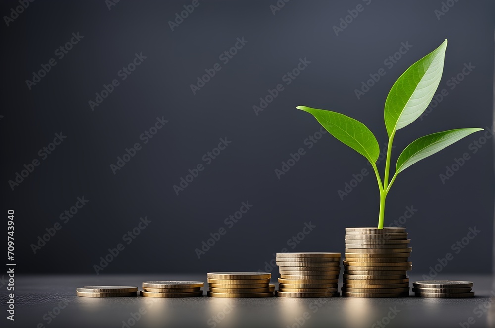 A thriving green plant emerges from a stack of coins, symbolizing financial growth and investment success in a vibrant stock photo. A thriving green plant emerges from a stack of coins, symbolizing financial growth and investment success in a vibrant stock photo.