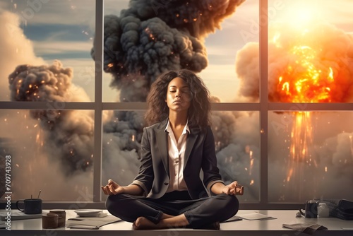 Black woman meditates in office sitting in lotus pose on table. Woman in formal suit at work break against window overlooking explosions and scary fires photo