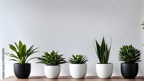 Chic vases adorn a table, vibrant plants against a white wall – a perfect blend of elegance and simplicity in home decor.