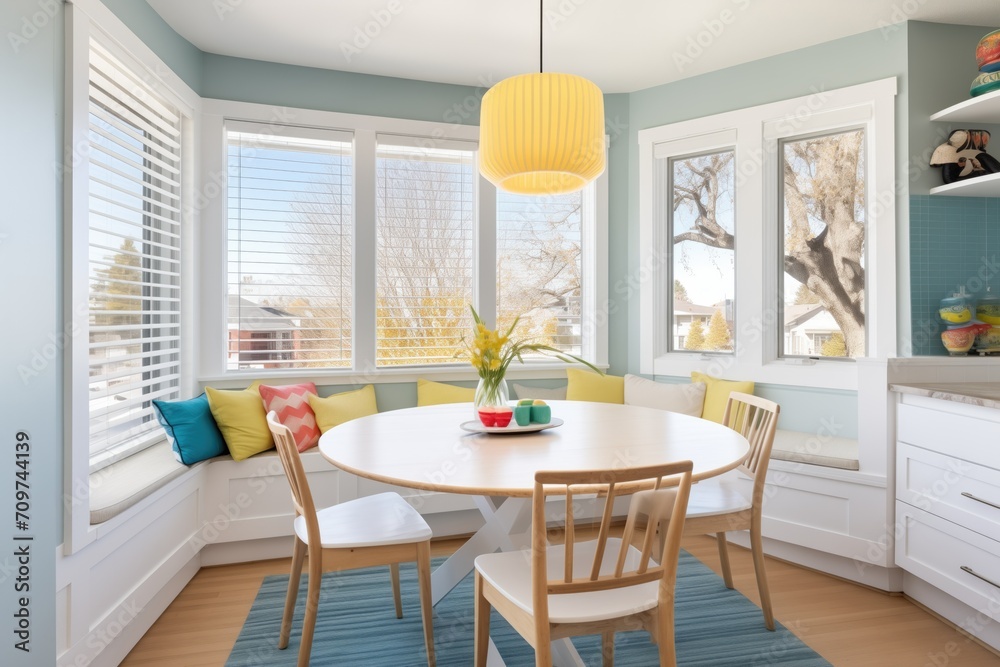 bright breakfast nook with bay windows in extension - obrazy, fototapety, plakaty 