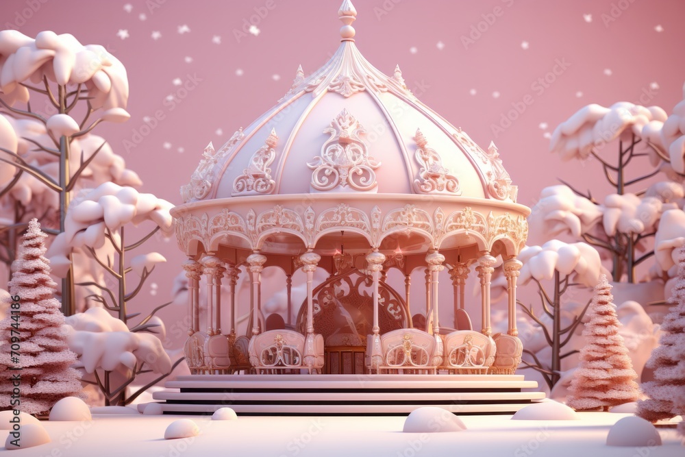 Whimsical Christmas Carousel in a Snowy Park, on an isolated Peppermint Pink background, Generative AI