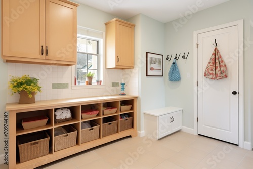 newly added mudroom with storage in cape cod style photo