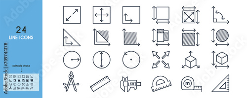 Measurement of dimension, area, perimeter line icon set. Caliper, triangle ruler,protractor,circlet,cube, square, triangle, angle vector illustration. Outline sings. Editable Stroke. photo