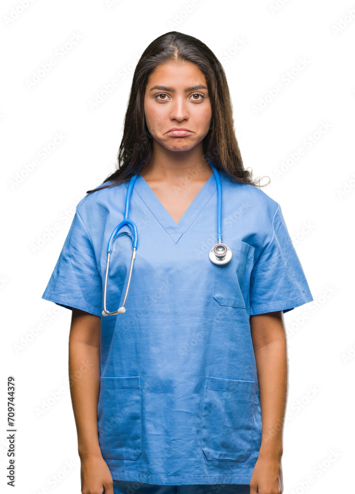 Young arab doctor surgeon woman over isolated background depressed and worry for distress, crying angry and afraid. Sad expression. Young arab doctor surgeon woman over isolated background depressed and worry for distress, crying angry and afraid. Sad expression.
