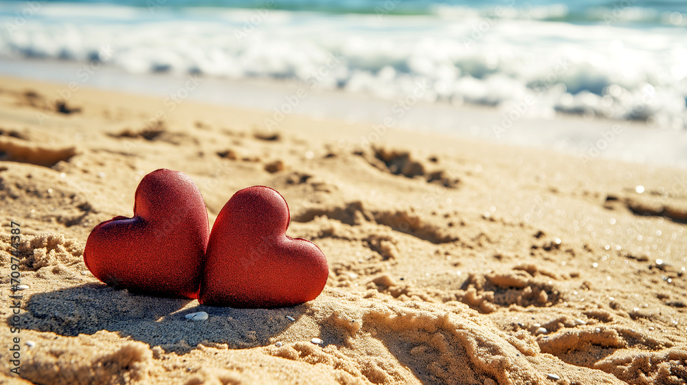 Two Hearts on a Sandy Beach Near the Ocean
Two Hearts on a Sandy Beach Near the Ocean