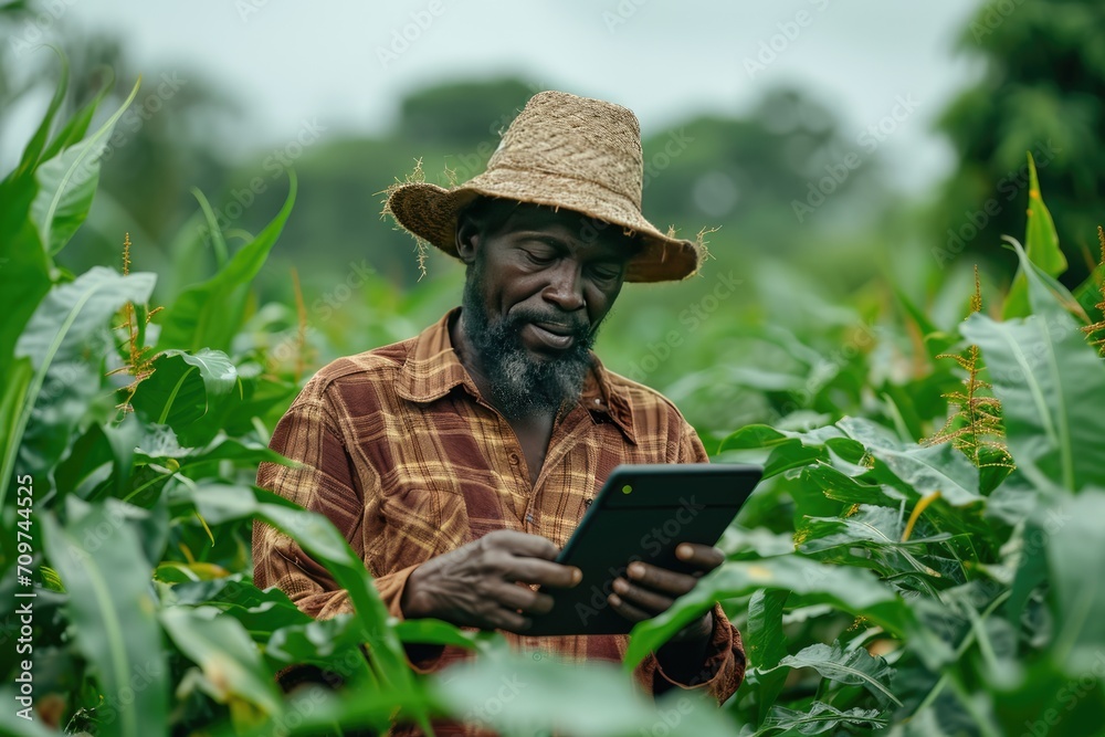 African farmer studying plant leaves on organic farm with tablet. Generative Ai.