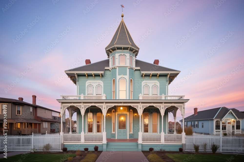 Naklejka premium frontal view of italianate house with belvedere at dusk