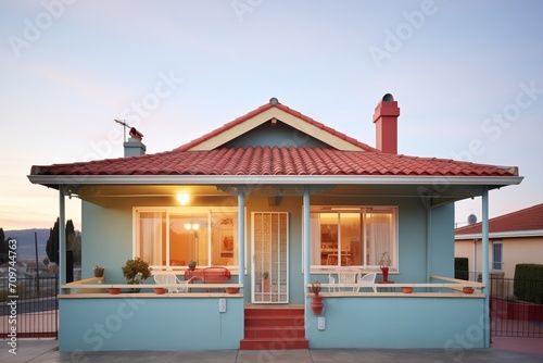 mediterranean house with a red tiled roof at dusk photo