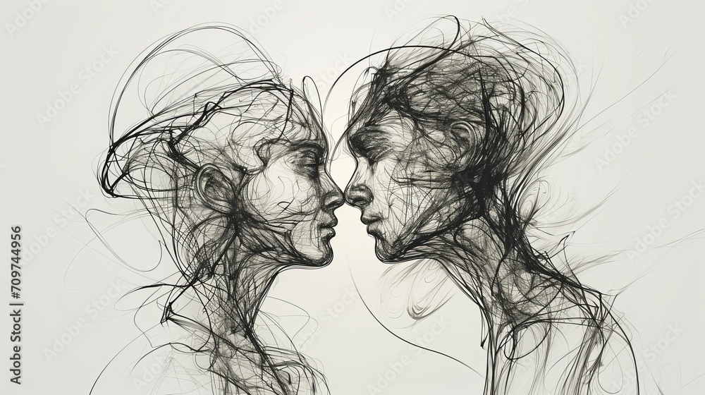 Minimalist Pencil Drawing of Loving Couple on the Verge of a Kiss Minimalist Pencil Drawing of Loving Couple on the Verge of a Kiss