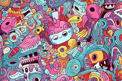 Cartoon cute doodles featuring an abstract surreal world with intricate details forming a captivating seamless pattern, Generative AI