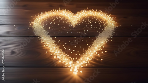 Shiny gold glitter heart shape on wooden background. Happy Valentine's Day. The concept of holiday, love and confession of your feelings