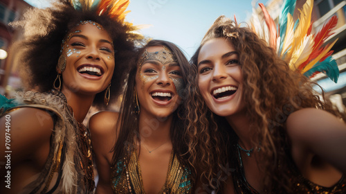 Grupo de mujeres jóvenes disfrutando del carnaval  photo