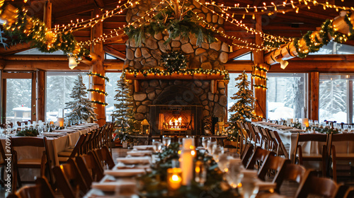 A winter wedding in a snow-covered lodge with a fireplace pine decorations and a cozy atmosphere.
