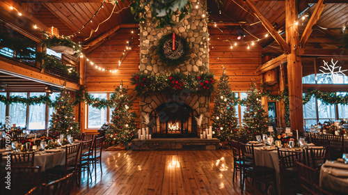 A winter wedding in a snow-covered lodge with a fireplace pine decorations and a cozy atmosphere. © Martin