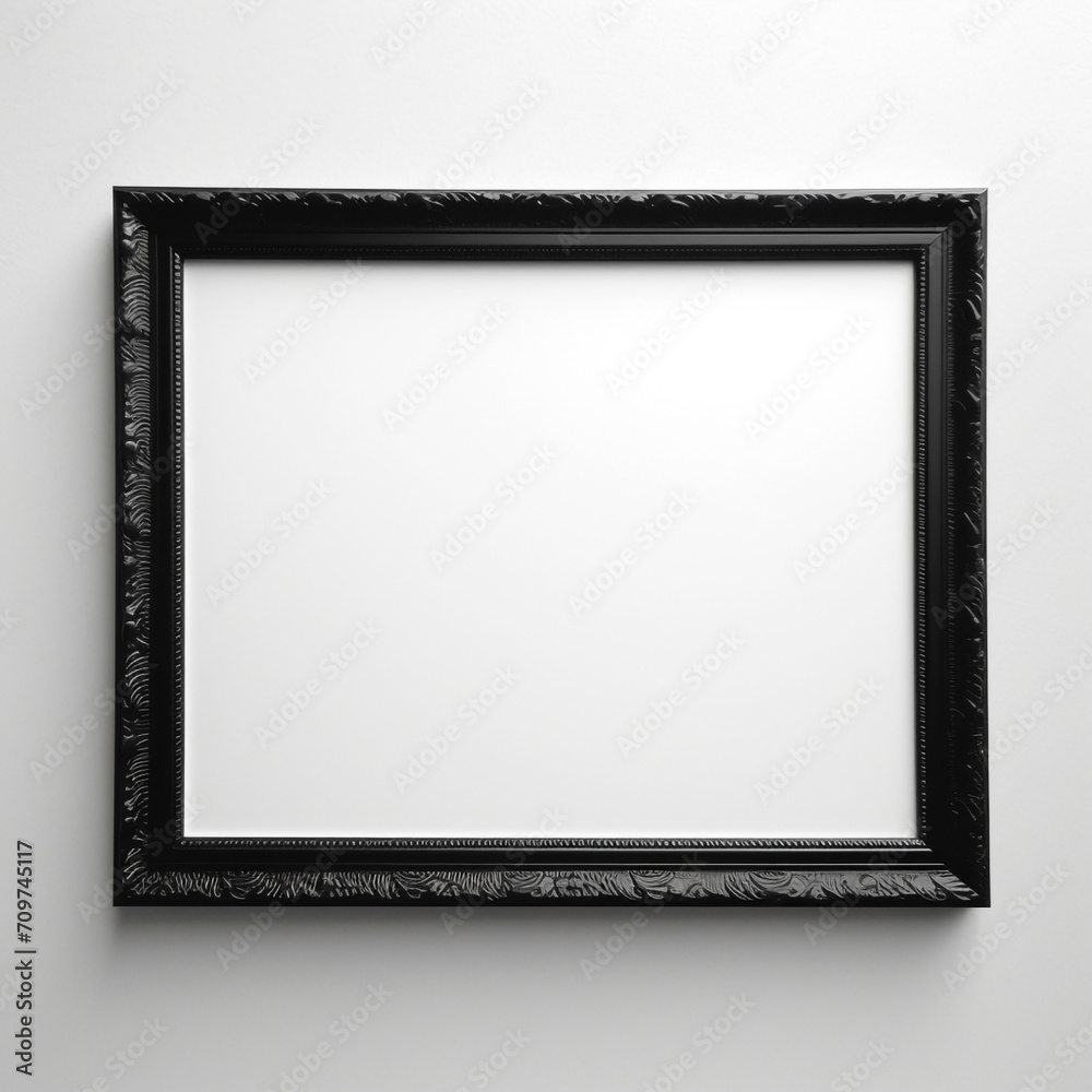Fototapeta premium empty black wooden frame filled with white matte board hanging on blank wall created with Generative Ai