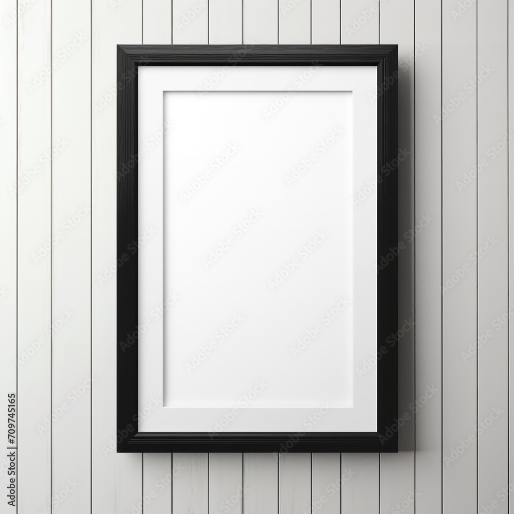 empty black wooden frame filled with white matte board hanging on blank wall created with Generative Ai