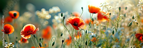 Poppies bloom in late spring. sunny day beautiful tender red poppies in the field. Beauty of nature.