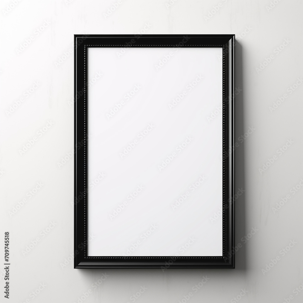 empty black wooden frame filled with white matte board hanging on blank wall created with Generative Ai empty black wooden frame filled with white matte board hanging on blank wall created with Generative Ai