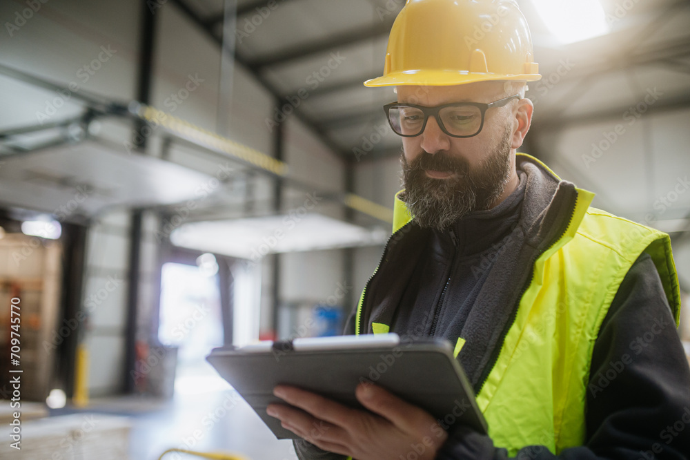 Warehouse receiver standing by delivered cargo, holding tablet, looking at cargo details, checking delivered items, goods against order. Warehouse receiver standing by delivered cargo, holding tablet, looking at cargo details, checking delivered items, goods against order.
