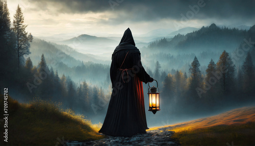 Silhouette of a monk standing on the top of a hill with a lantern in his hand photo