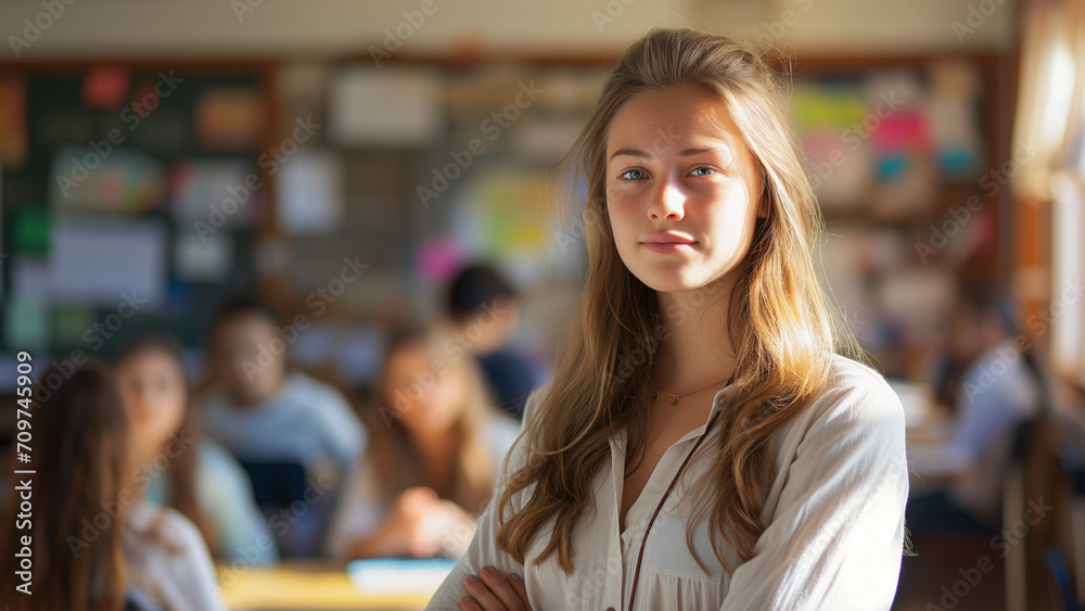 Portrait of a beautiful young female teacher standing in the classroom with looking at camera. There are students sitting in the class for blurry background. Portrait of a beautiful young female teacher standing in the classroom with looking at camera. There are students sitting in the class for blurry background.