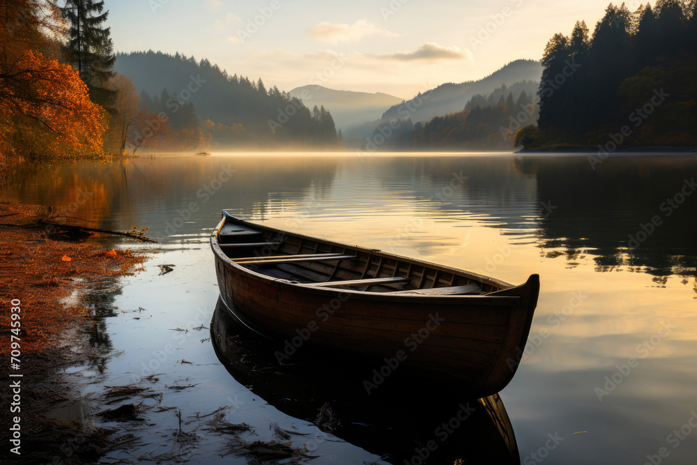 Obraz premium Serenity Unveiled: Rowboat Amidst Autumn Splendor