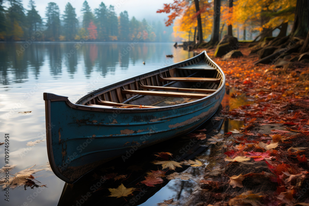 Golden Tranquility: A Rowboat's Autumn Cruise