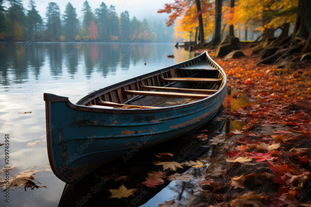 Obraz premium Golden Tranquility: A Rowboat's Autumn Cruise