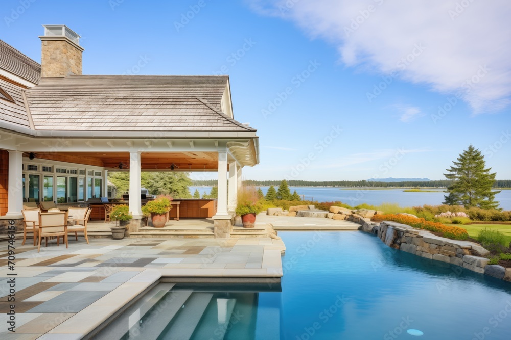 stonebordered pool by shingle style residence