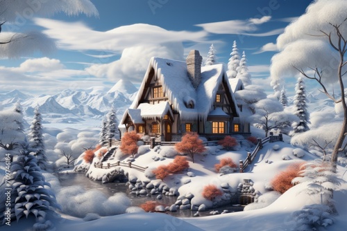 Cozy Christmas Cabin in a Winter Snow Scene, on an isolated Frosty Blue background, Generative AI. © Box Milk
