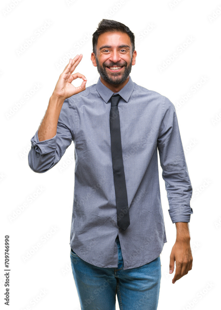Adult hispanic business man over isolated background smiling positive doing ok sign with hand and fingers. Successful expression. Adult hispanic business man over isolated background smiling positive doing ok sign with hand and fingers. Successful expression.